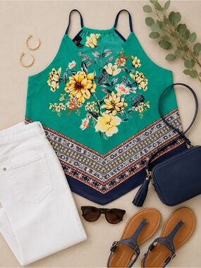 I.N. San Francisco Floral Border Print Strappy Tank Top